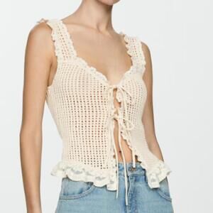 Mango Ivory Crochet Openwork Tie Front Festival Tank Top Size S NWT
